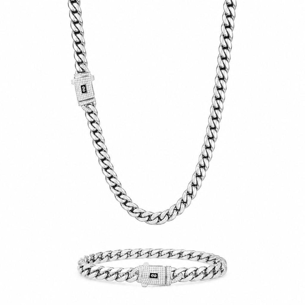 Miami Cuban Chain and Bracelet Set 8mm Silver