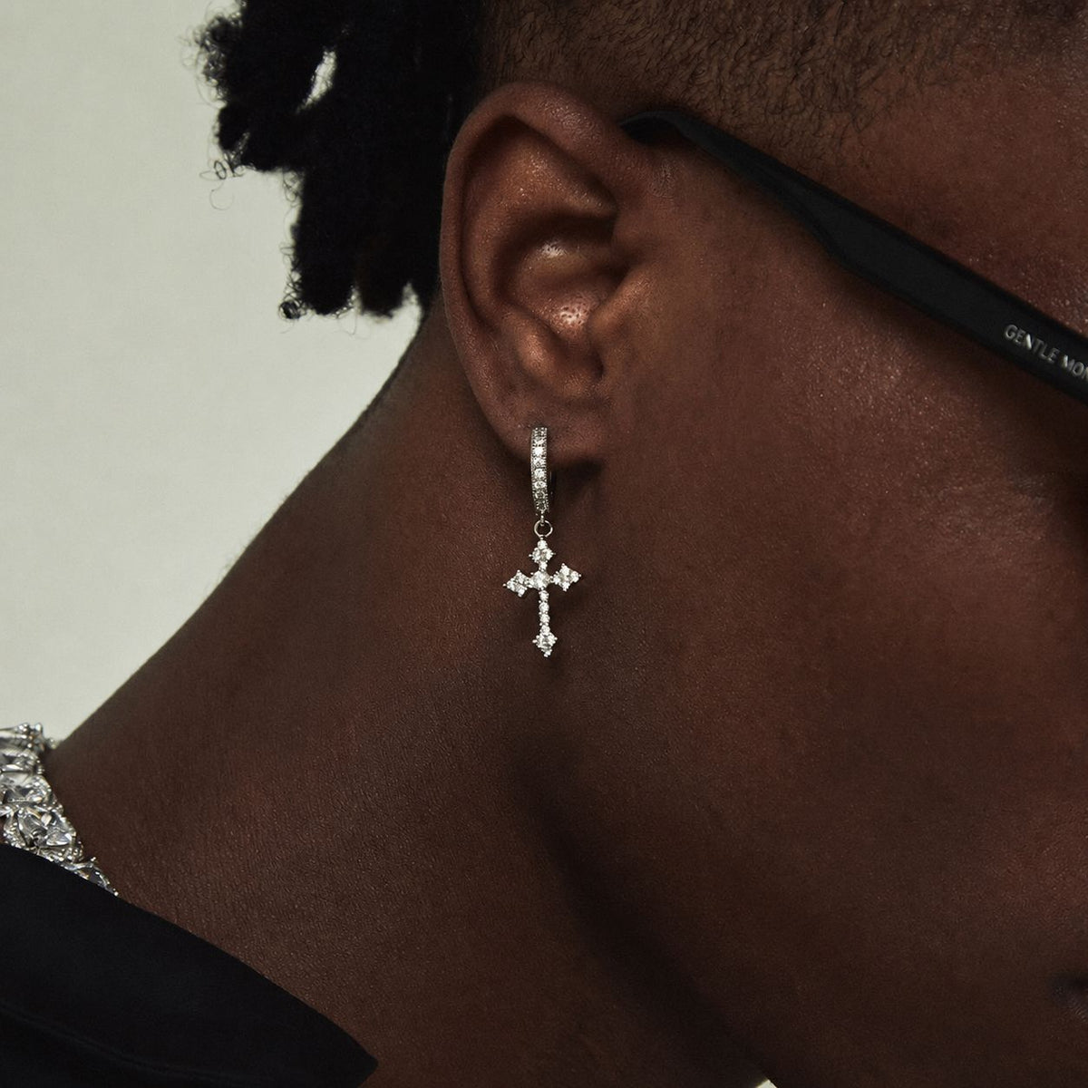 Iced Cross Hoop Earrings Silver