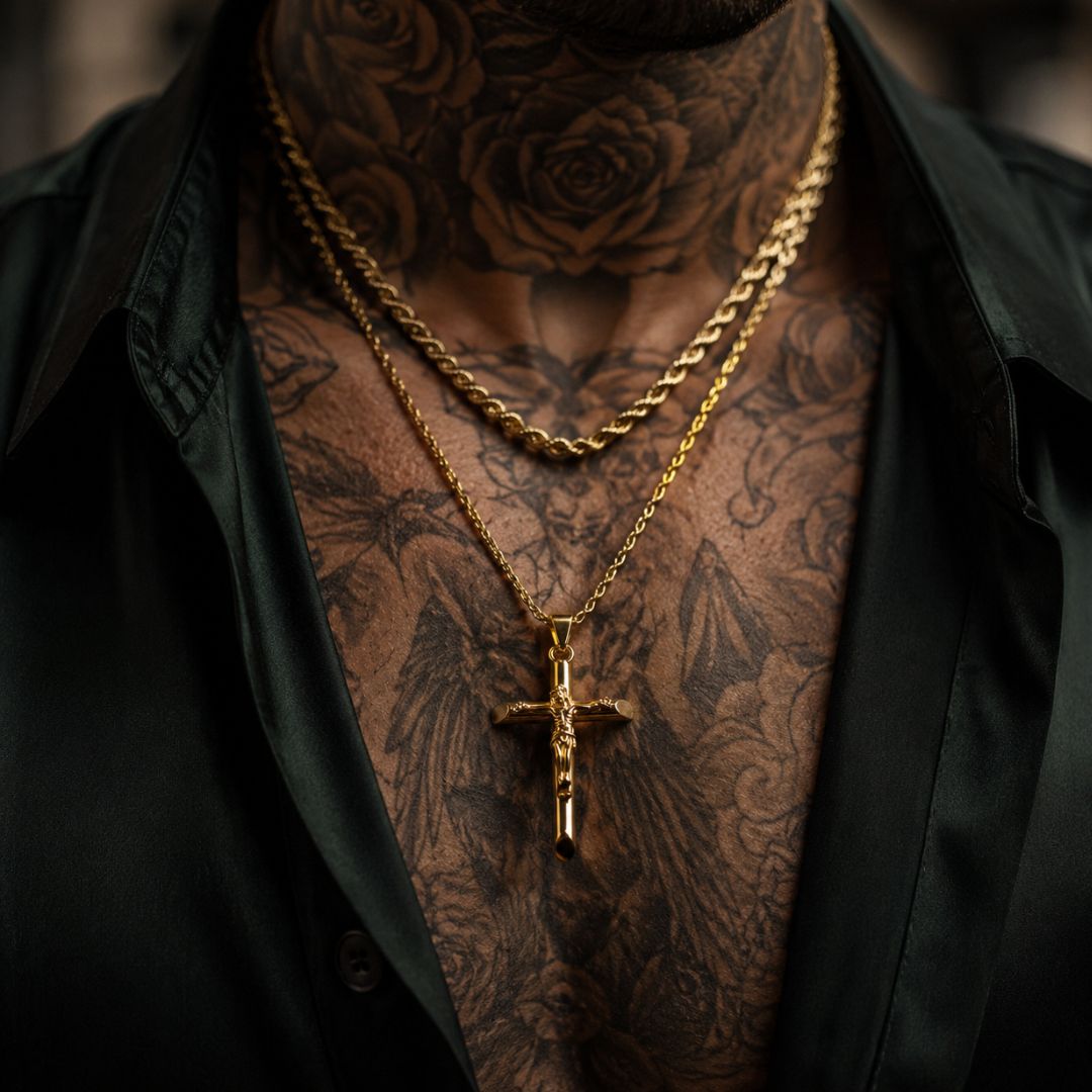 Crucifix pendant with rope chain Gold