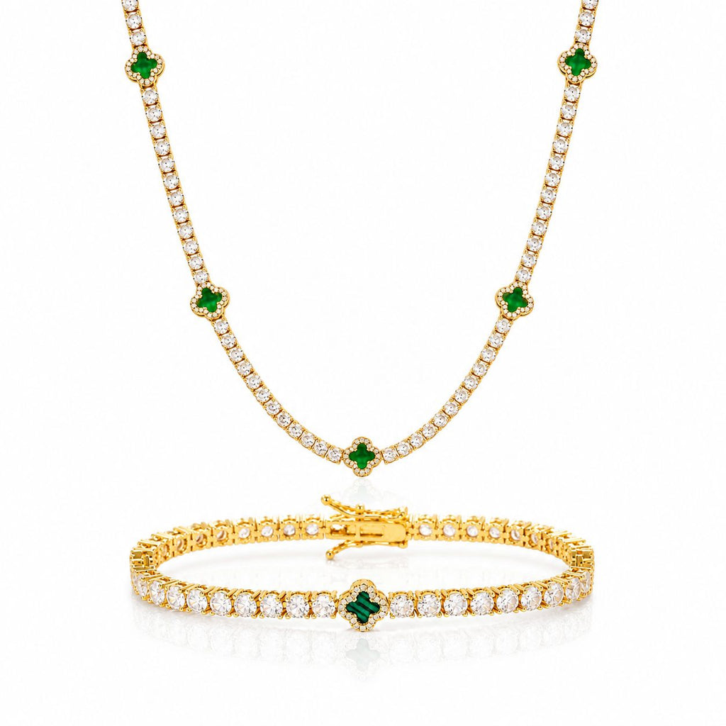 Emerald clover necklace & bracelet set Gold