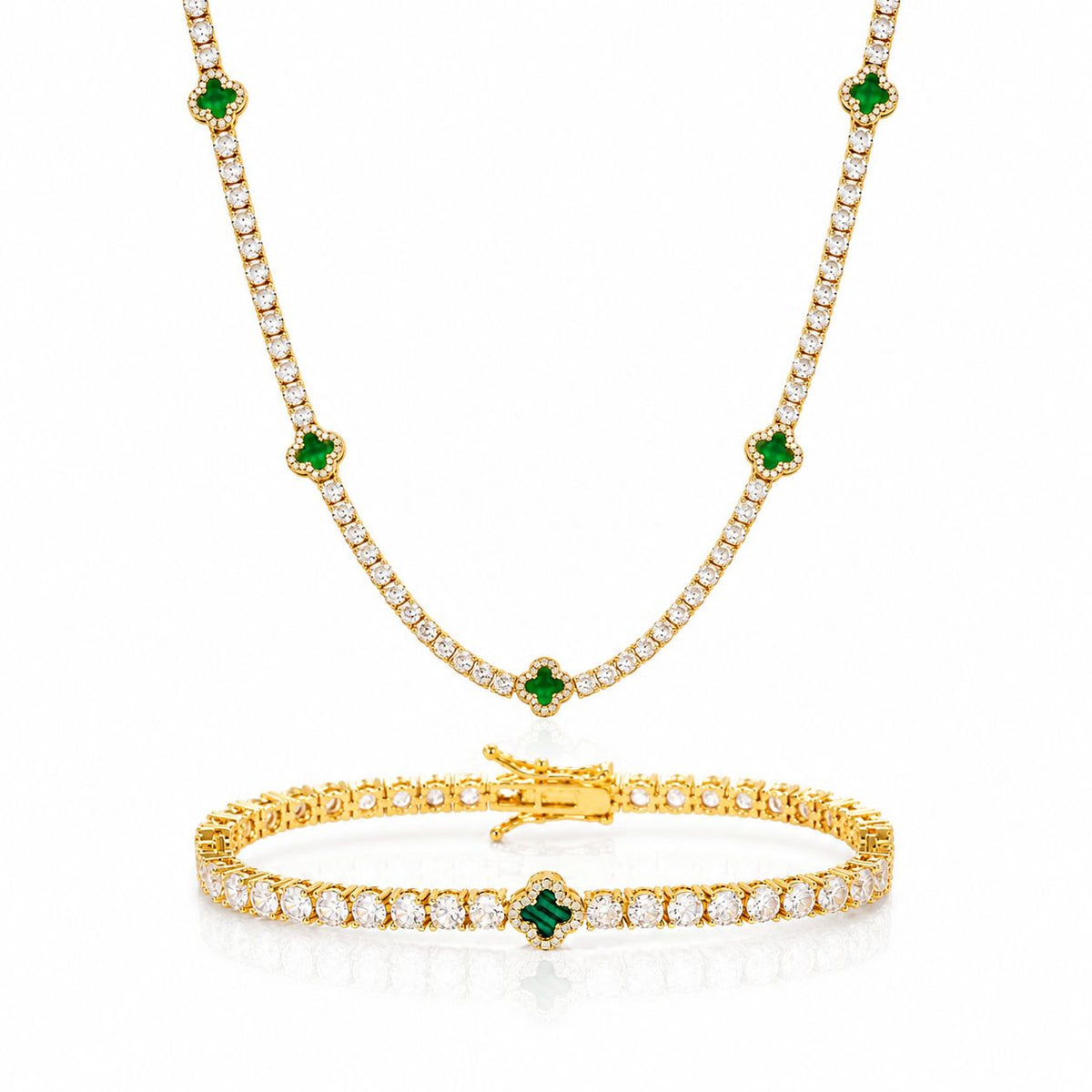 Emerald clover necklace & bracelet set Gold