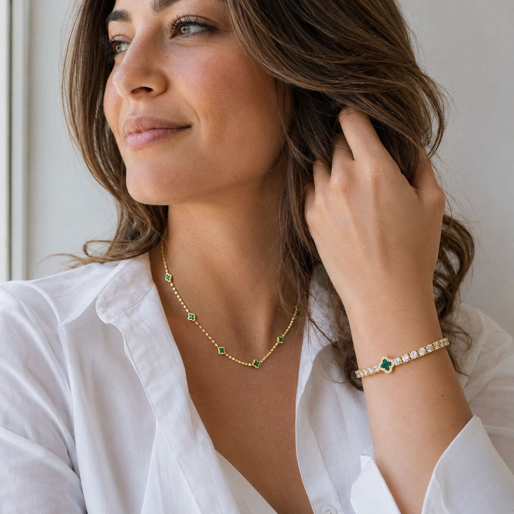 Emerald clover necklace & bracelet set Gold