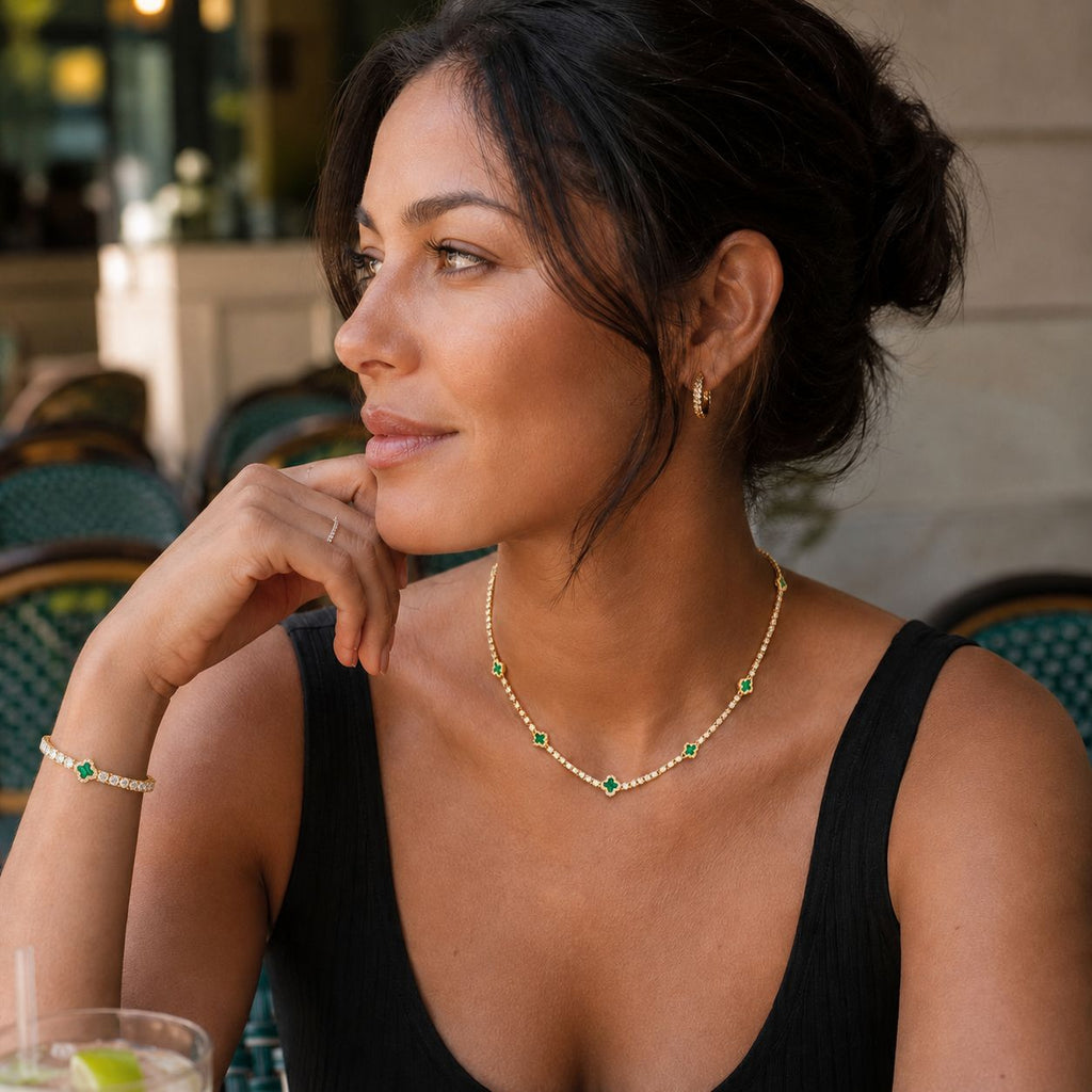 Emerald clover necklace & bracelet set Gold