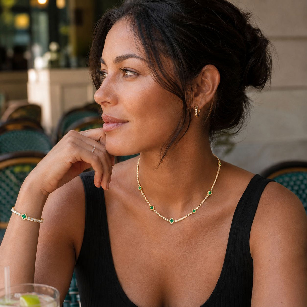 Emerald clover necklace & bracelet set Gold