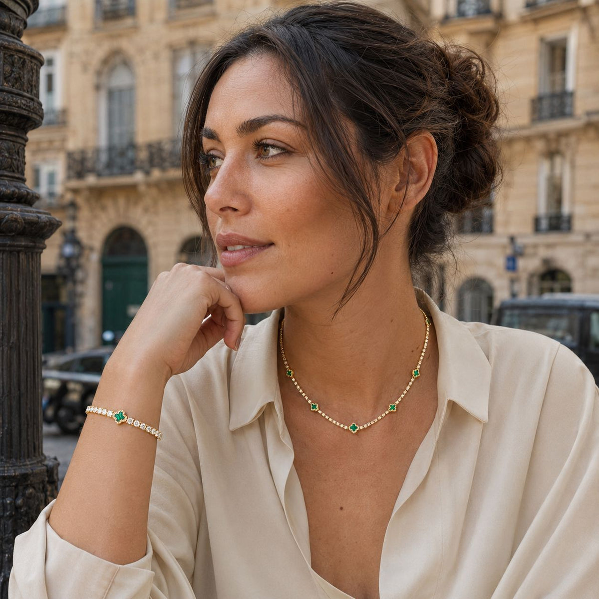 Emerald clover necklace & bracelet set Gold