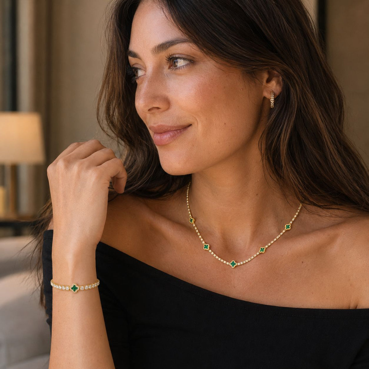 Emerald clover necklace & bracelet set Gold