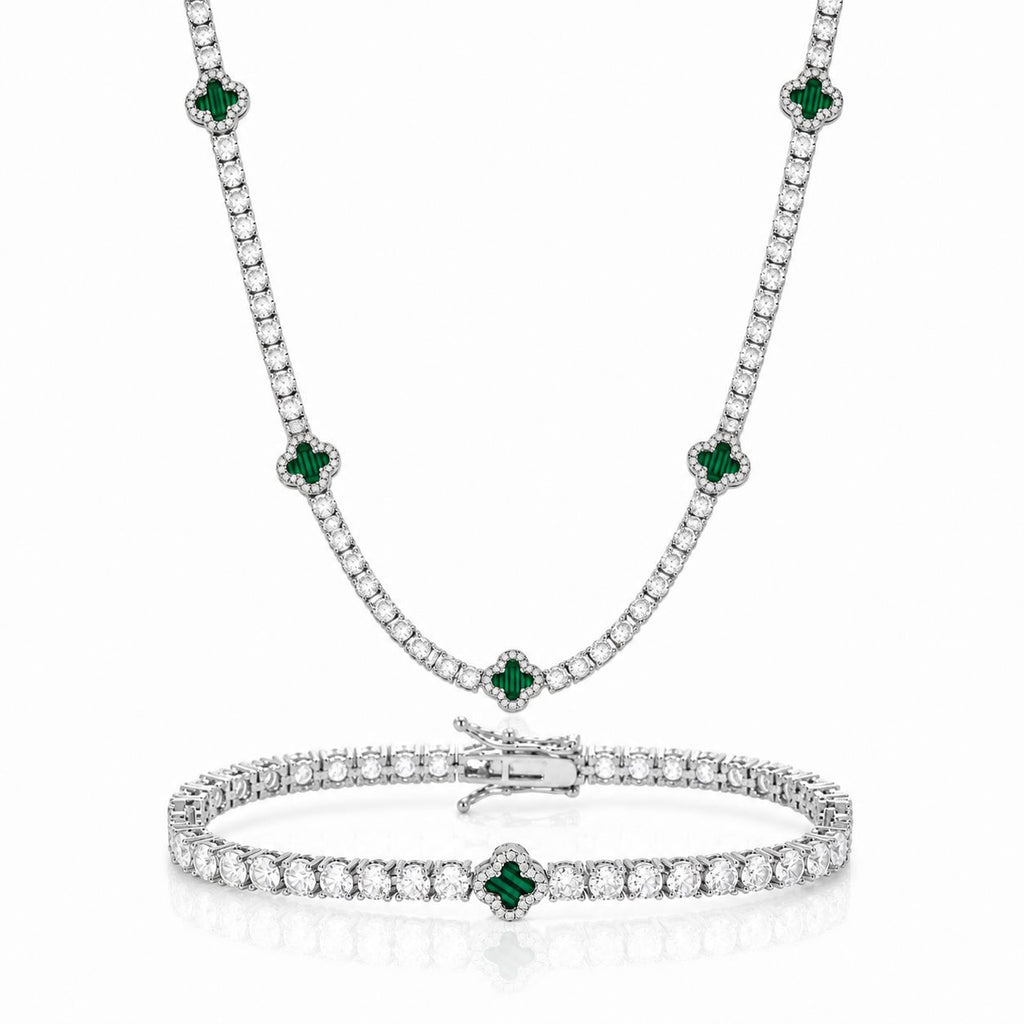 Emerald clover necklace & bracelet set Silver