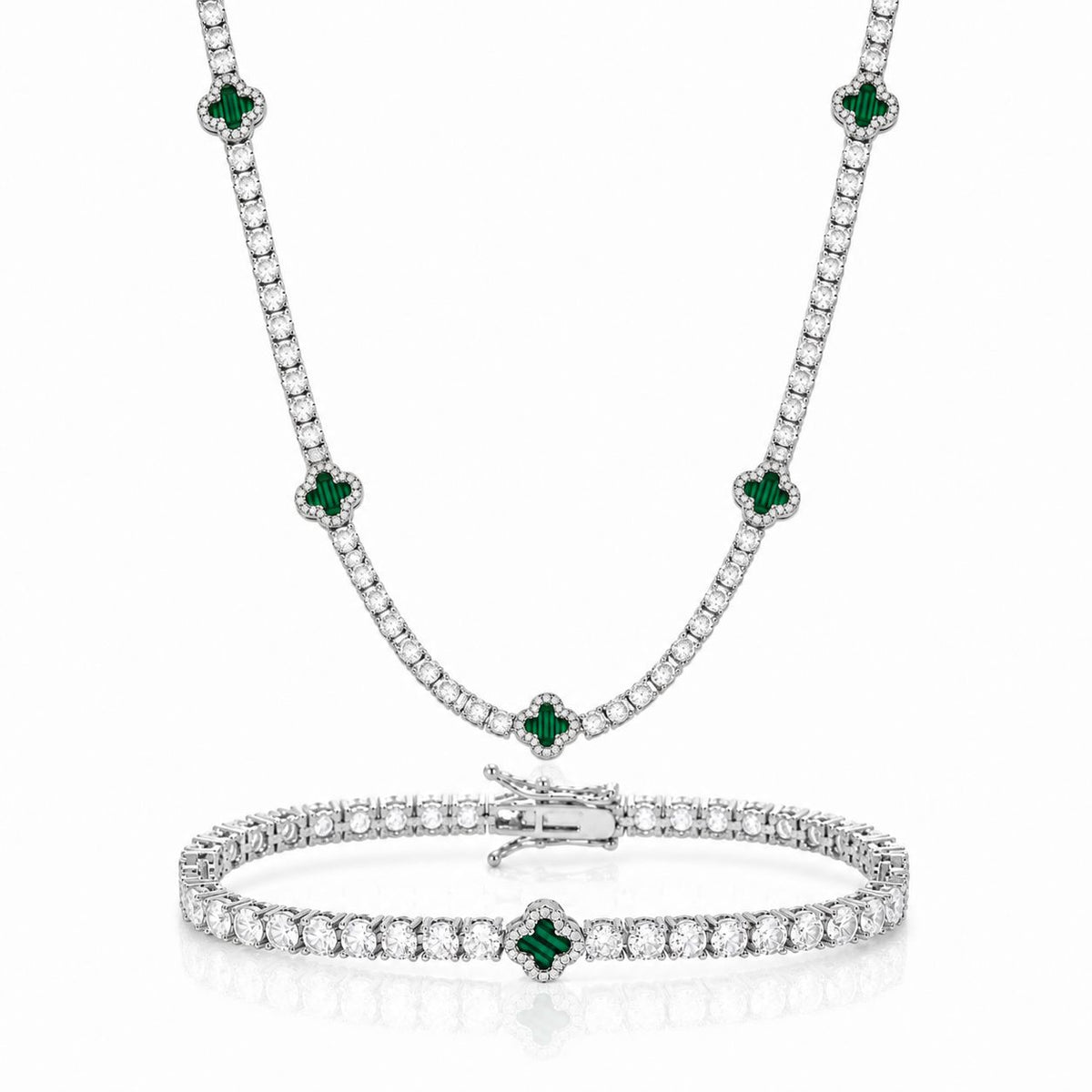 Emerald clover necklace & bracelet set Silver