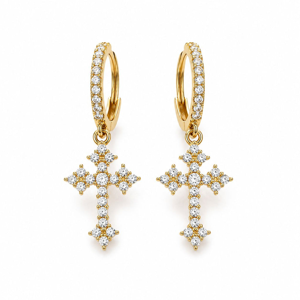 Iced Cross Hoop Earrings Gold