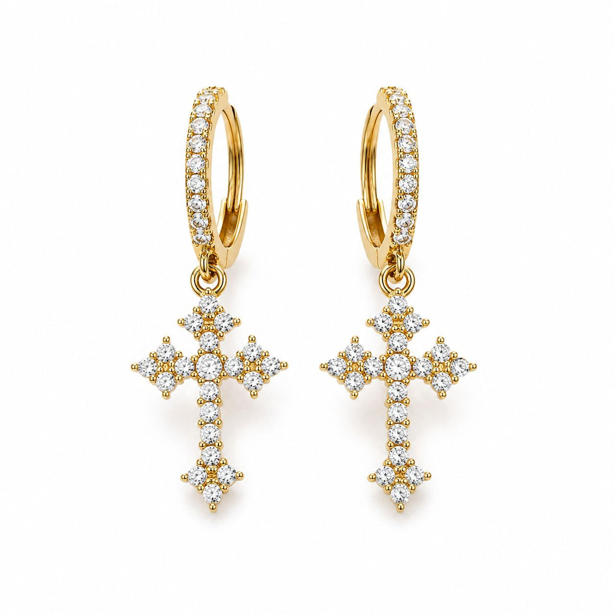Iced Cross Hoop Earrings Gold