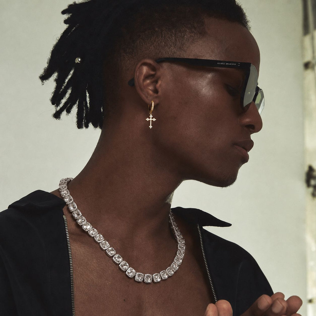 Iced Cross Hoop Earrings Gold