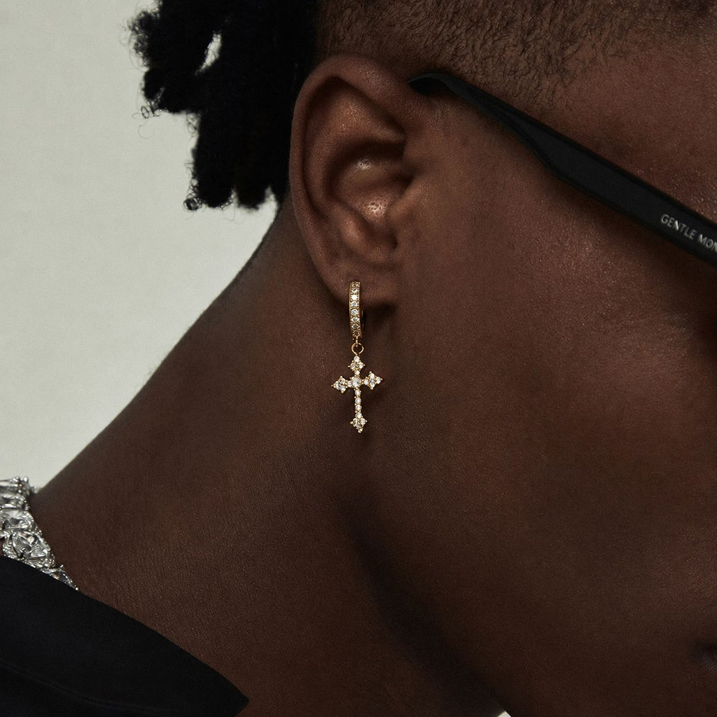 Iced Cross Hoop Earrings Gold