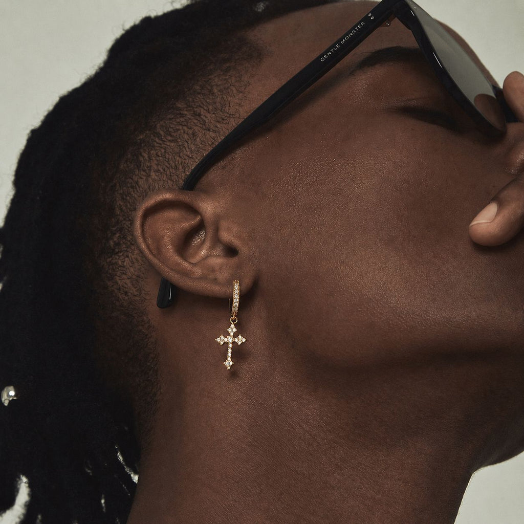 Iced Cross Hoop Earrings Gold