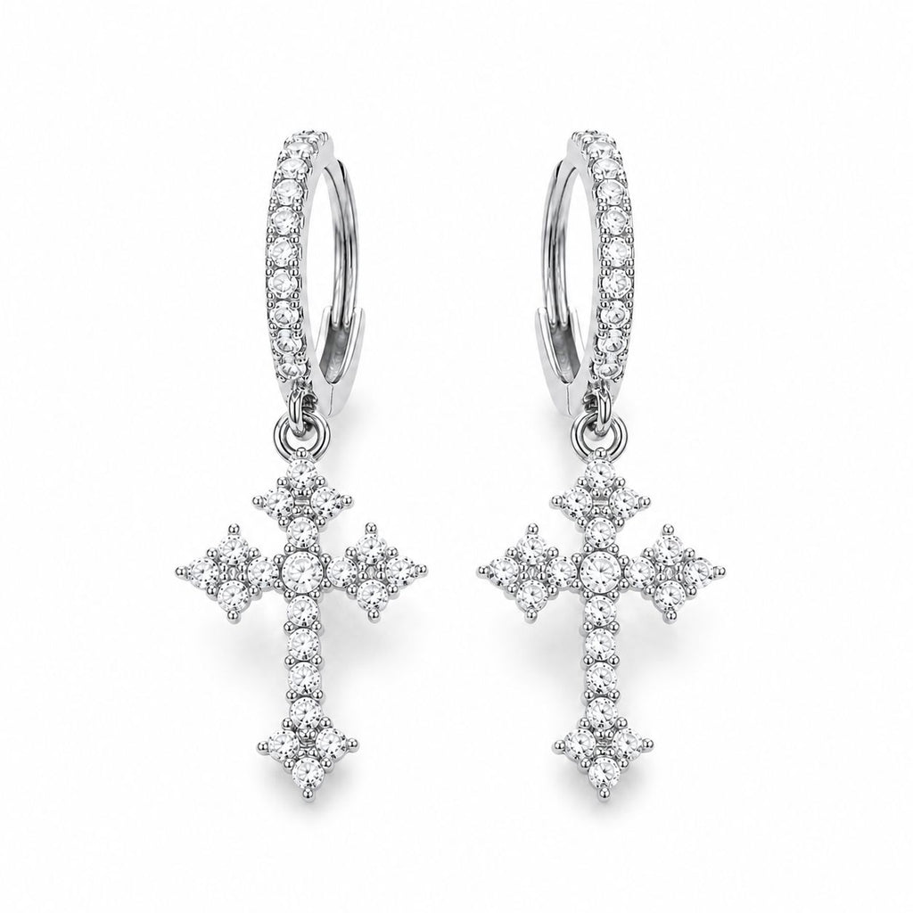 Iced Cross Hoop Earrings Silver
