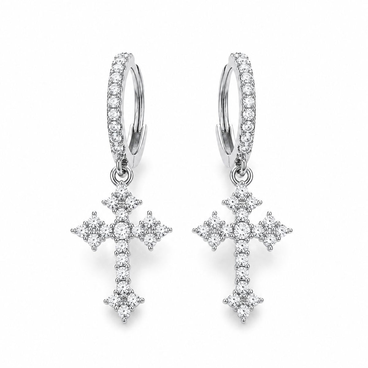 Iced Cross Hoop Earrings Silver