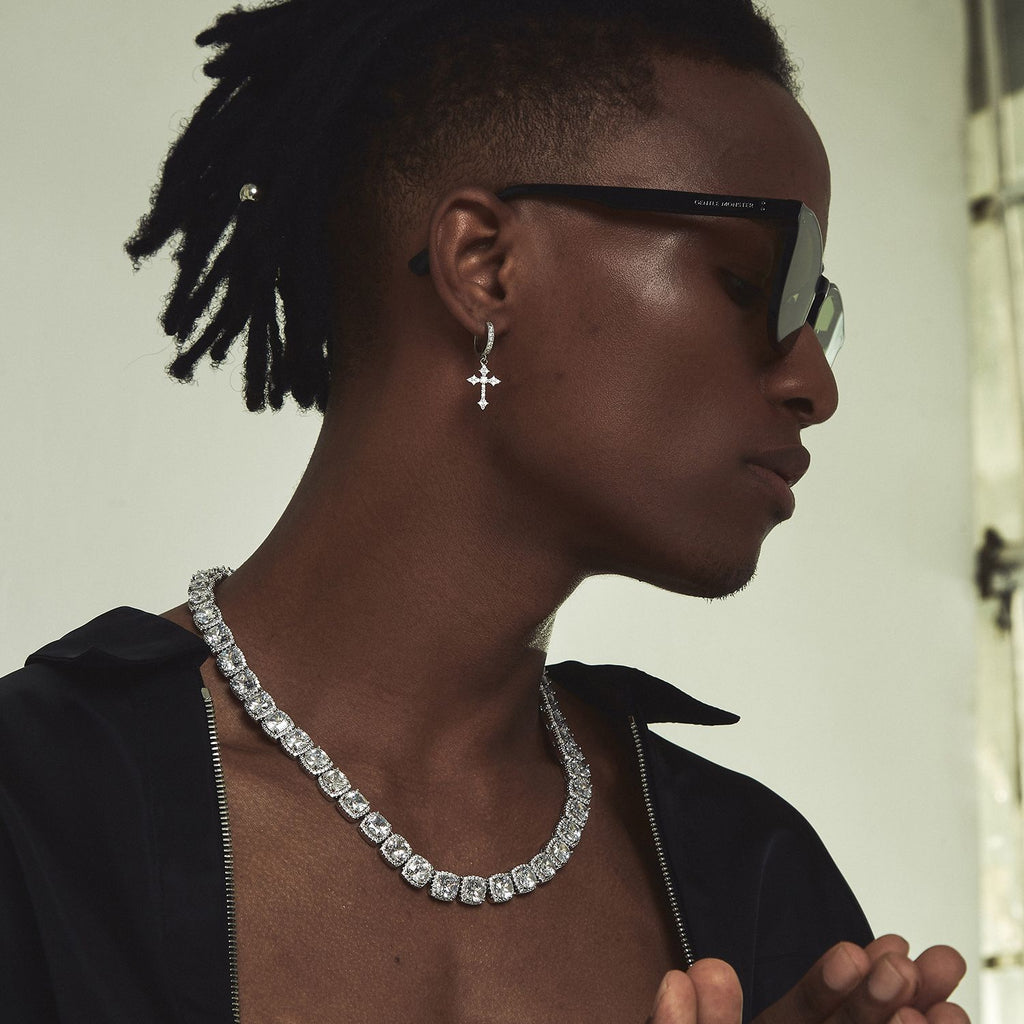 Iced Cross Hoop Earrings Silver
