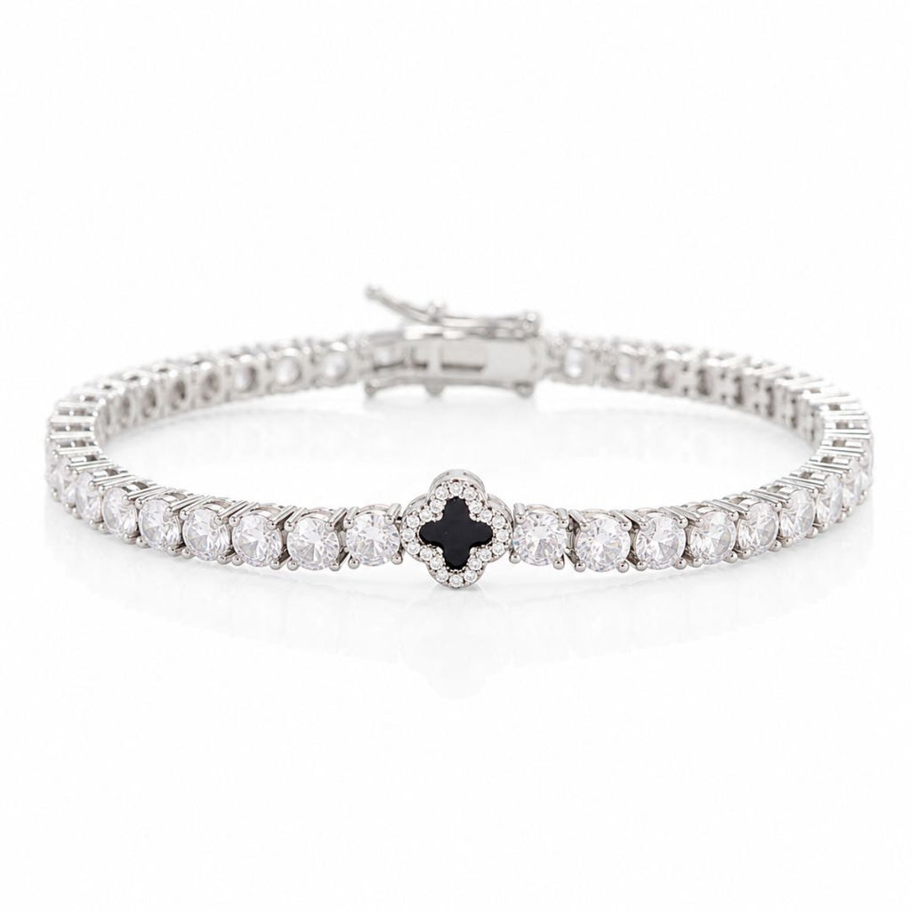 Onyx Clover Tennis Bracelet Silver