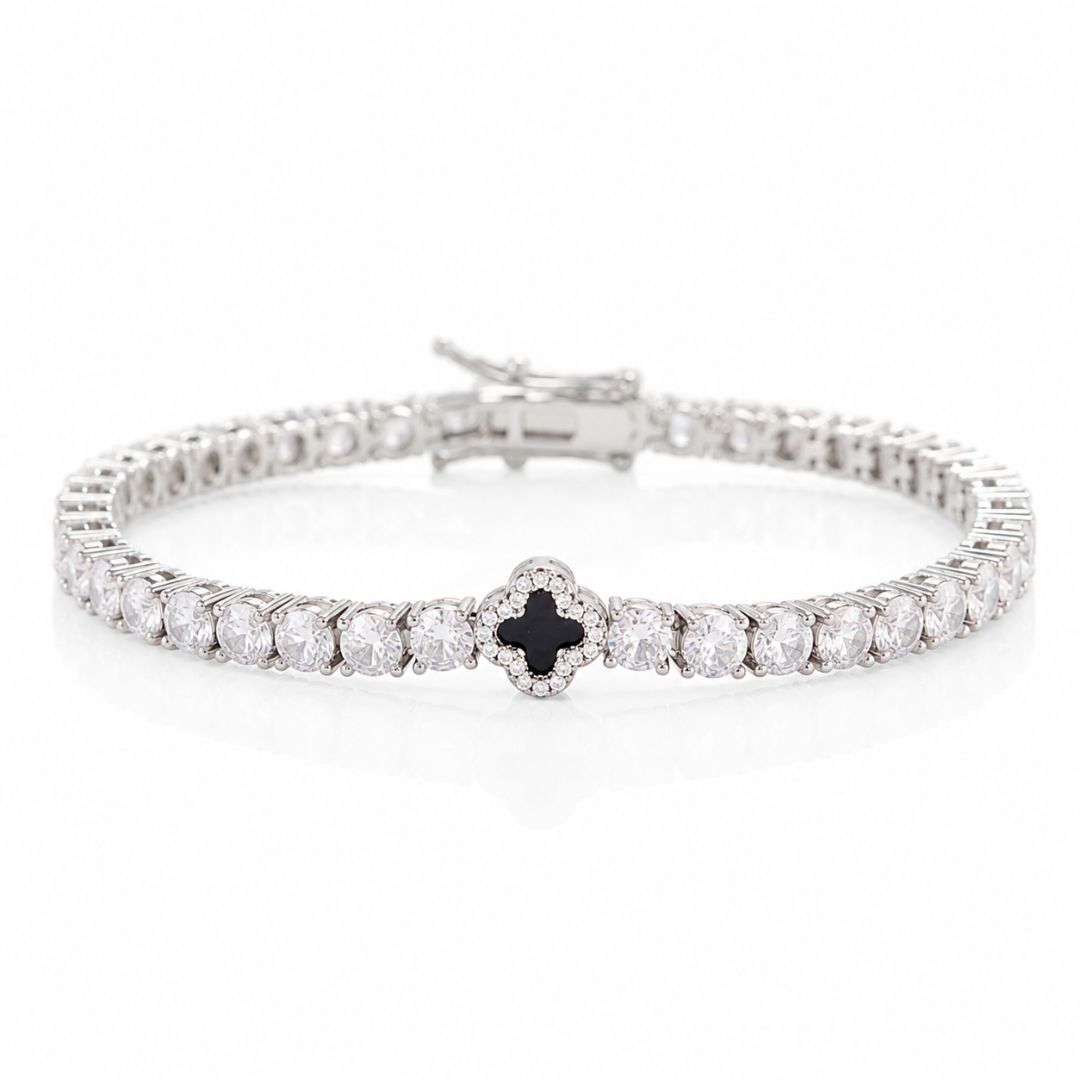 Onyx Clover Tennis Bracelet Silver