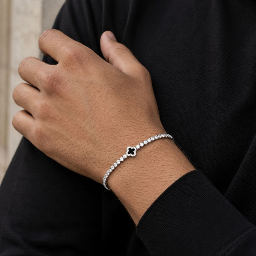Onyx Clover Tennis Bracelet Silver