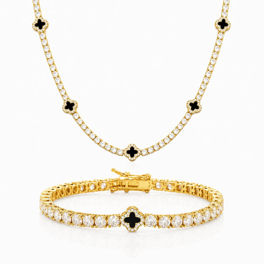 Onyx clover necklace & bracelet set Gold
