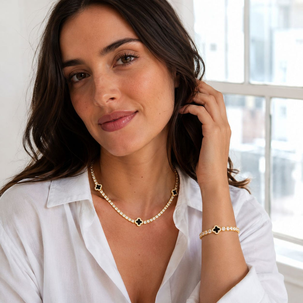Onyx clover necklace & bracelet set Gold