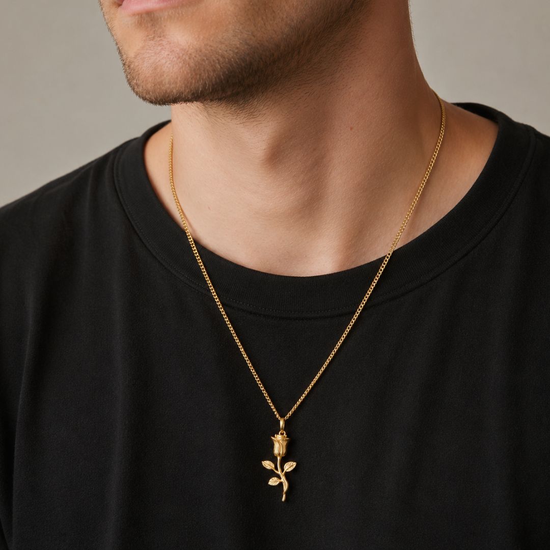 Rose Pendant with Cuban Chain Gold