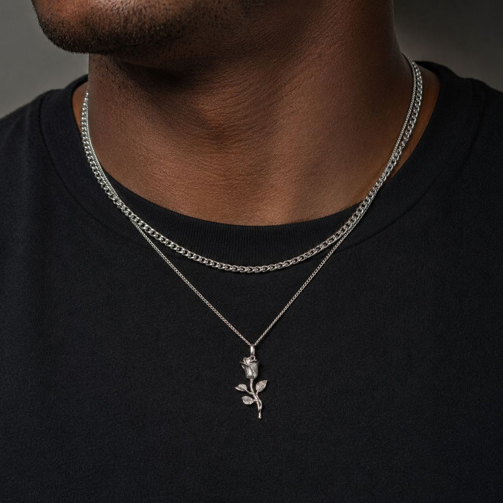 Rose Pendant with Cuban Chain Silver