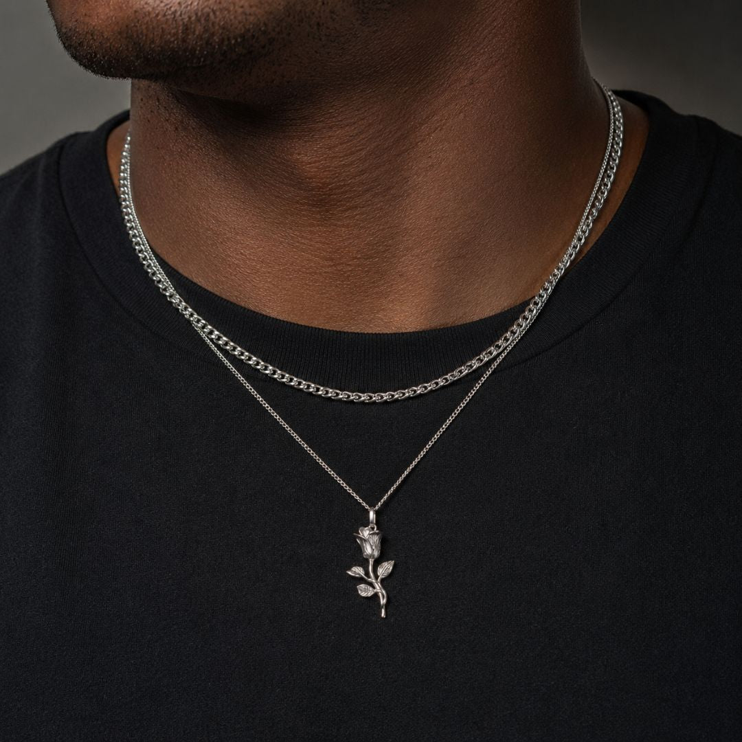 Rose Pendant with Cuban Chain Silver