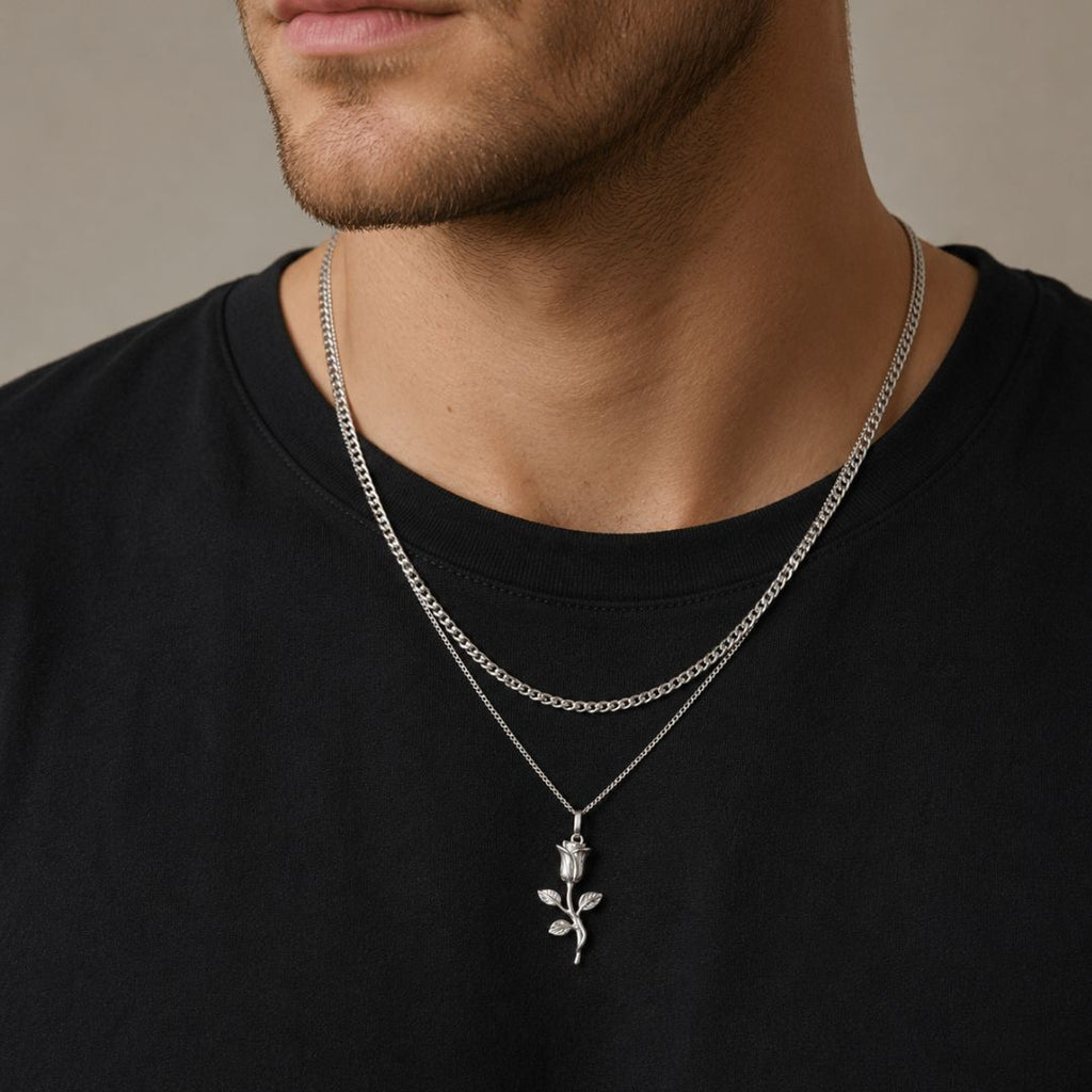 Rose Pendant with Cuban Chain Silver