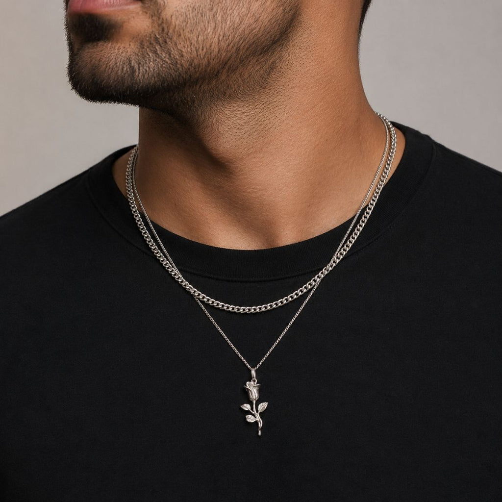 Rose Pendant with Cuban Chain Silver