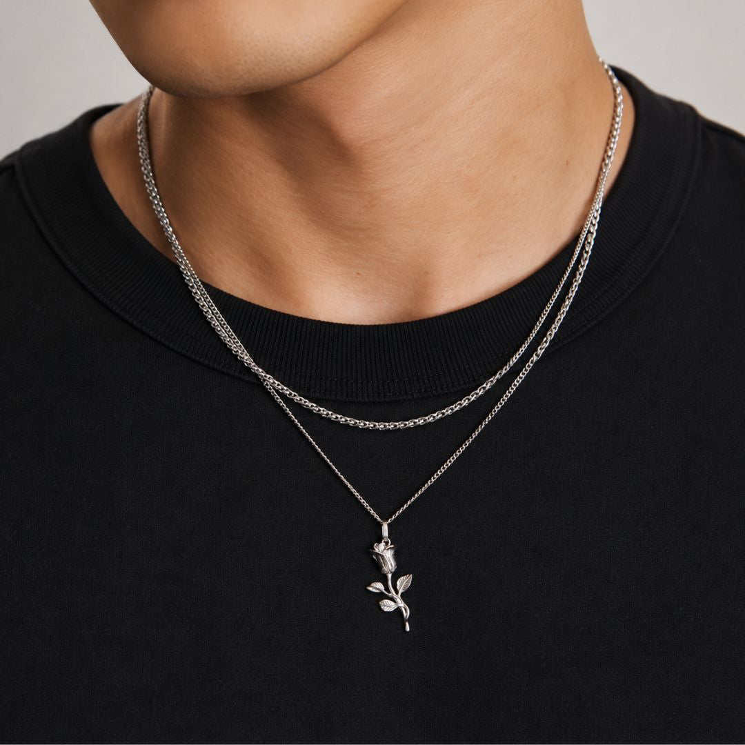 Rose Pendant with Cuban Chain Silver