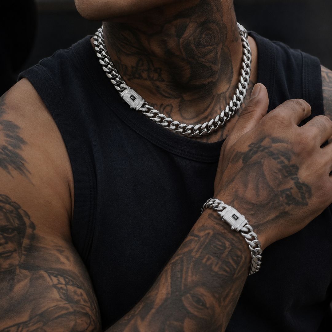 Miami Cuban Chain and Bracelet Set 14mm Silver