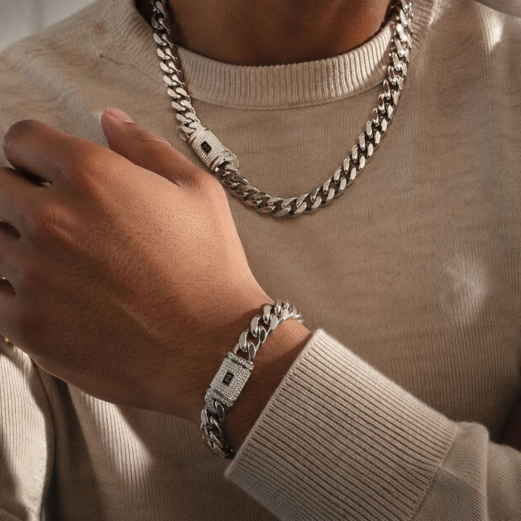 Miami Cuban Chain and Bracelet Set 14mm Silver