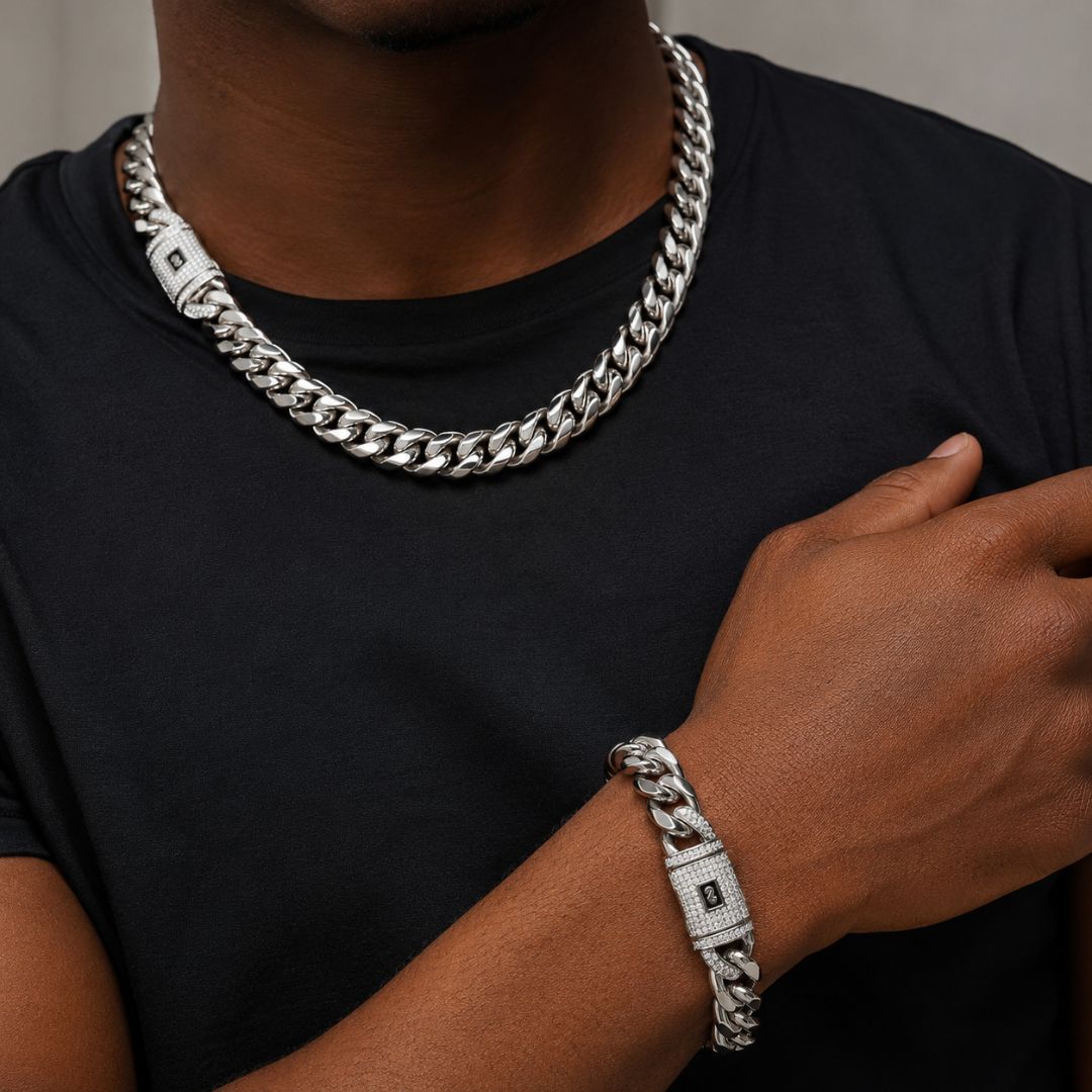 Miami Cuban Chain and Bracelet Set 14mm Silver