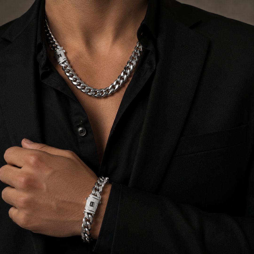 Miami Cuban Chain and Bracelet Set 14mm Silver