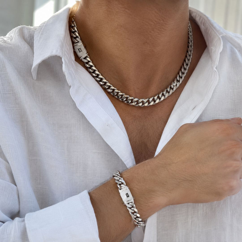 Miami Cuban Chain and Bracelet Set 14mm Silver