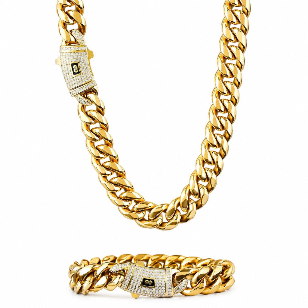 Miami Cuban Chain and Bracelet Set 14mm Gold