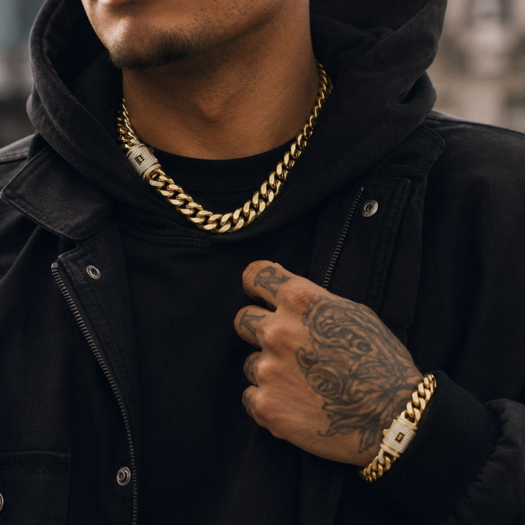 Miami Cuban Chain and Bracelet Set 14mm Gold