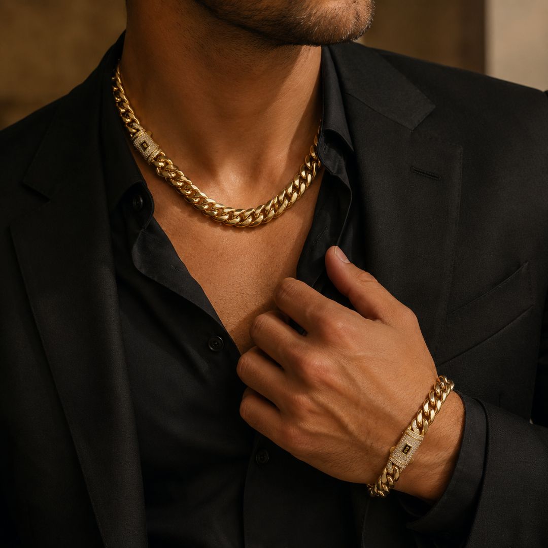 Miami Cuban Chain and Bracelet Set 14mm Gold