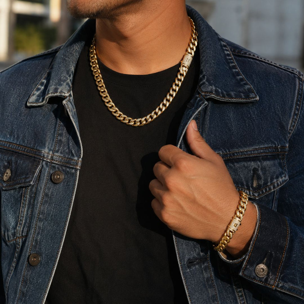 Miami Cuban Chain and Bracelet Set 14mm Gold