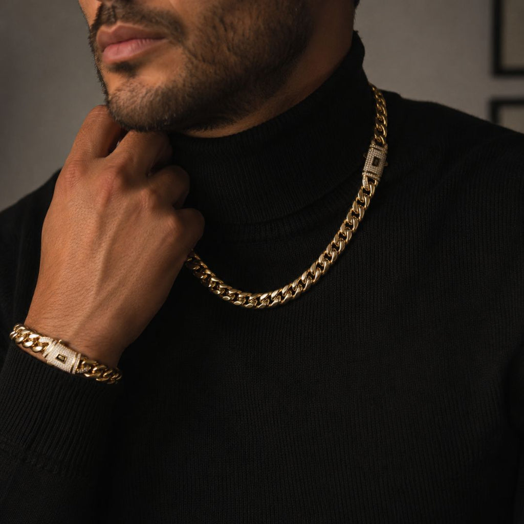 Miami Cuban Chain and Bracelet Set 14mm Gold