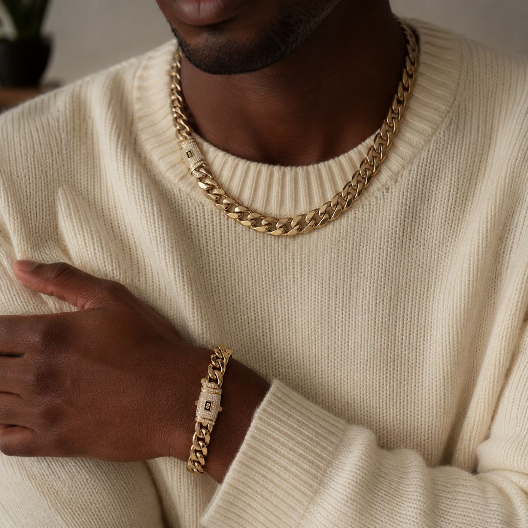 Miami Cuban Chain and Bracelet Set 14mm Gold