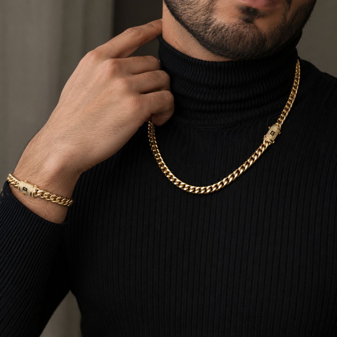 Miami Cuban Chain and Bracelet Set 8mm Gold