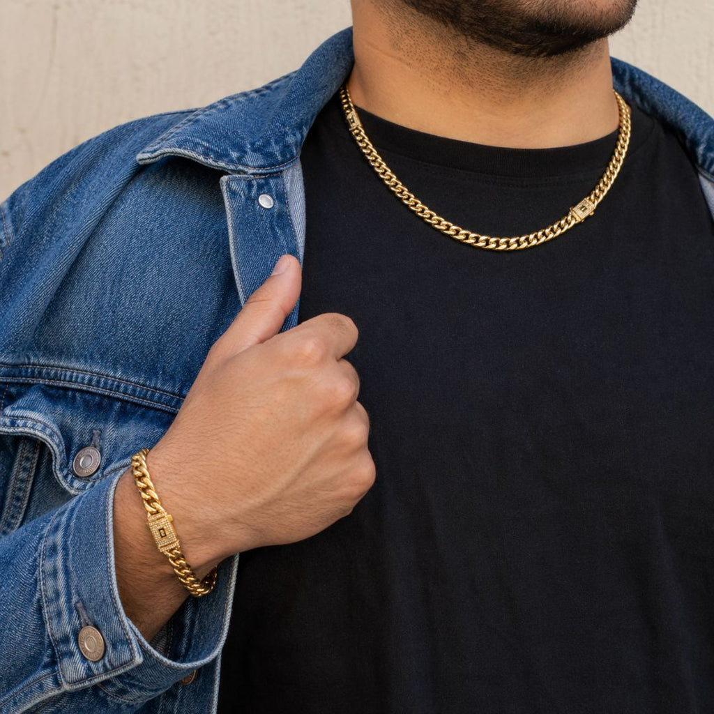 Miami Cuban Chain and Bracelet Set 8mm Gold