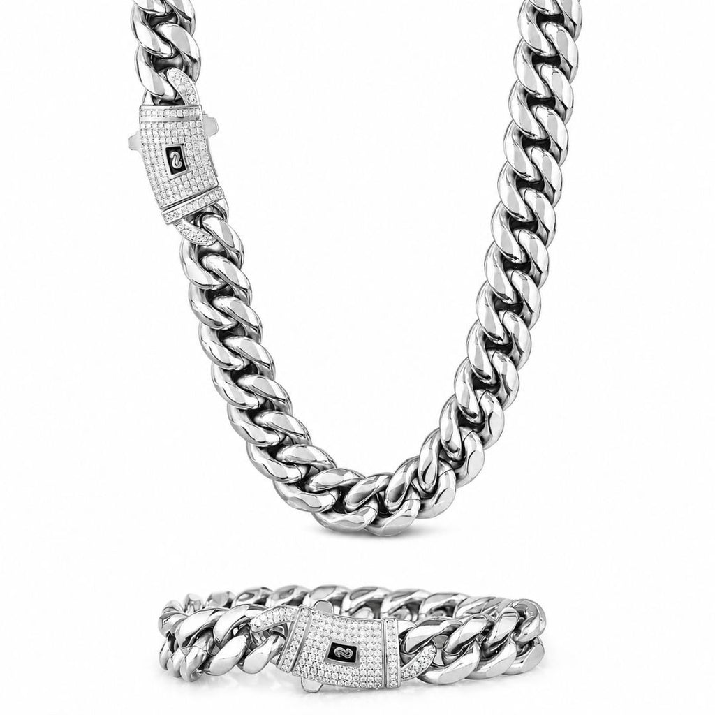 Miami Cuban Chain and Bracelet Set 14mm Silver