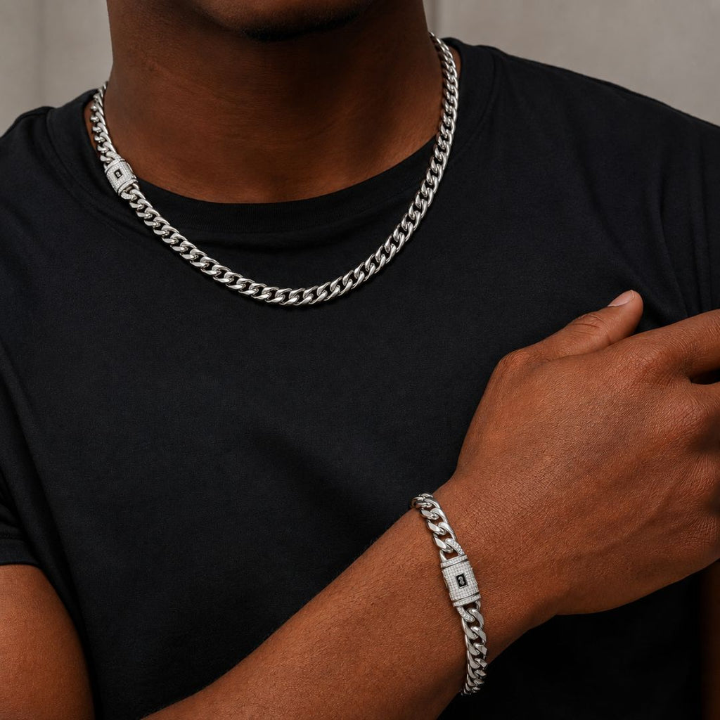 Miami Cuban Chain and Bracelet Set 8mm Silver