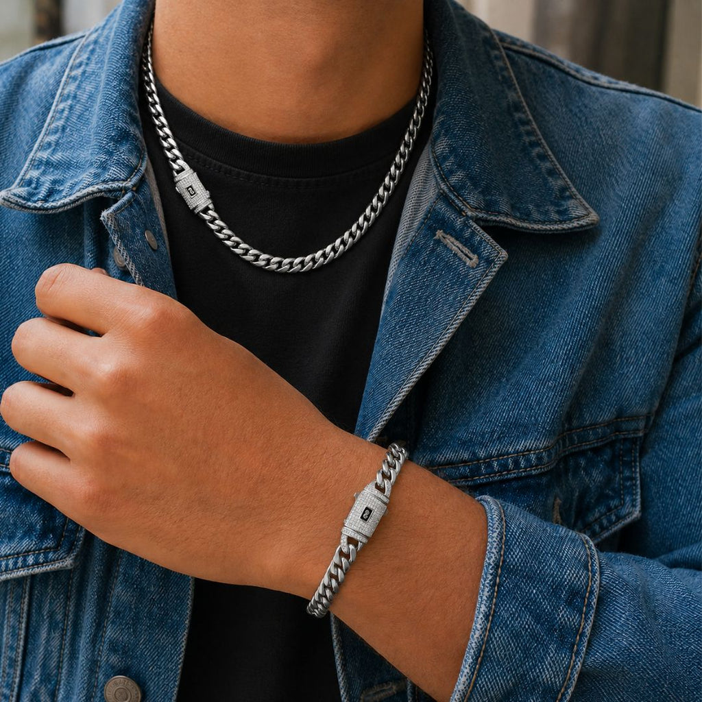 Miami Cuban Chain and Bracelet Set 8mm Silver