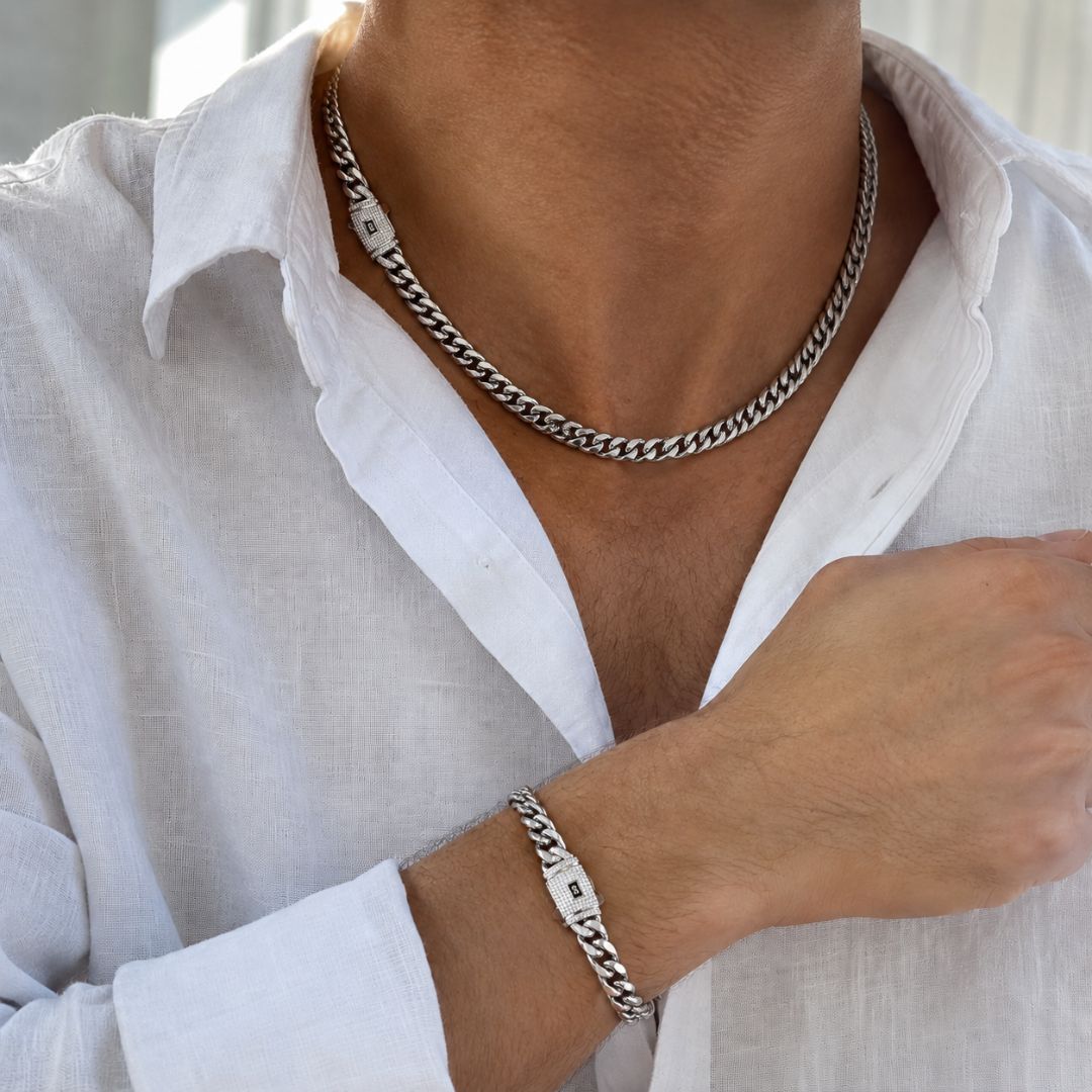 Miami Cuban Chain and Bracelet Set 8mm Silver