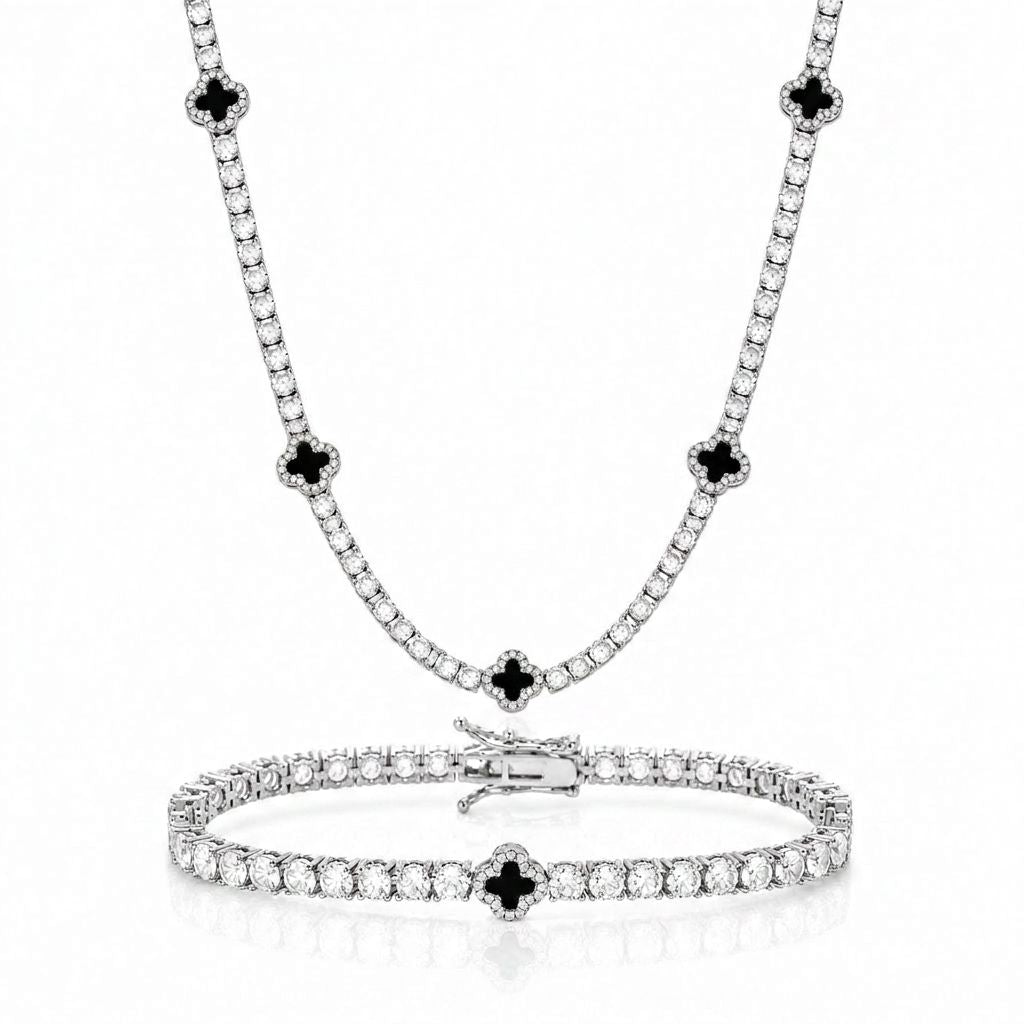 Onyx clover necklace & bracelet set Silver