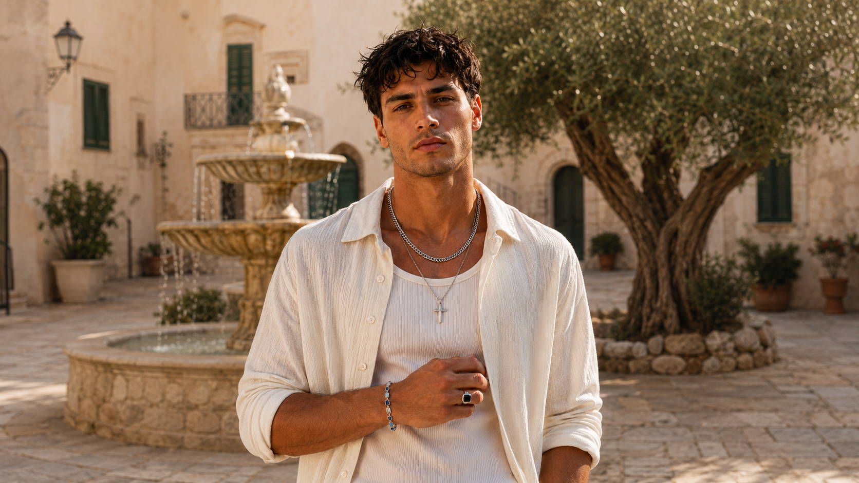 Vesper Collective — man wearing waterproof silver jewellery, Mediterranean courtyard